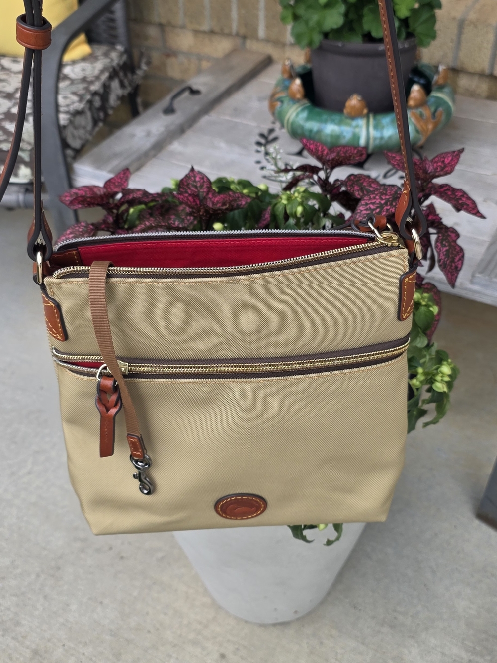 Dooney & Bourke Tan Crossbody Bag with Red Interior